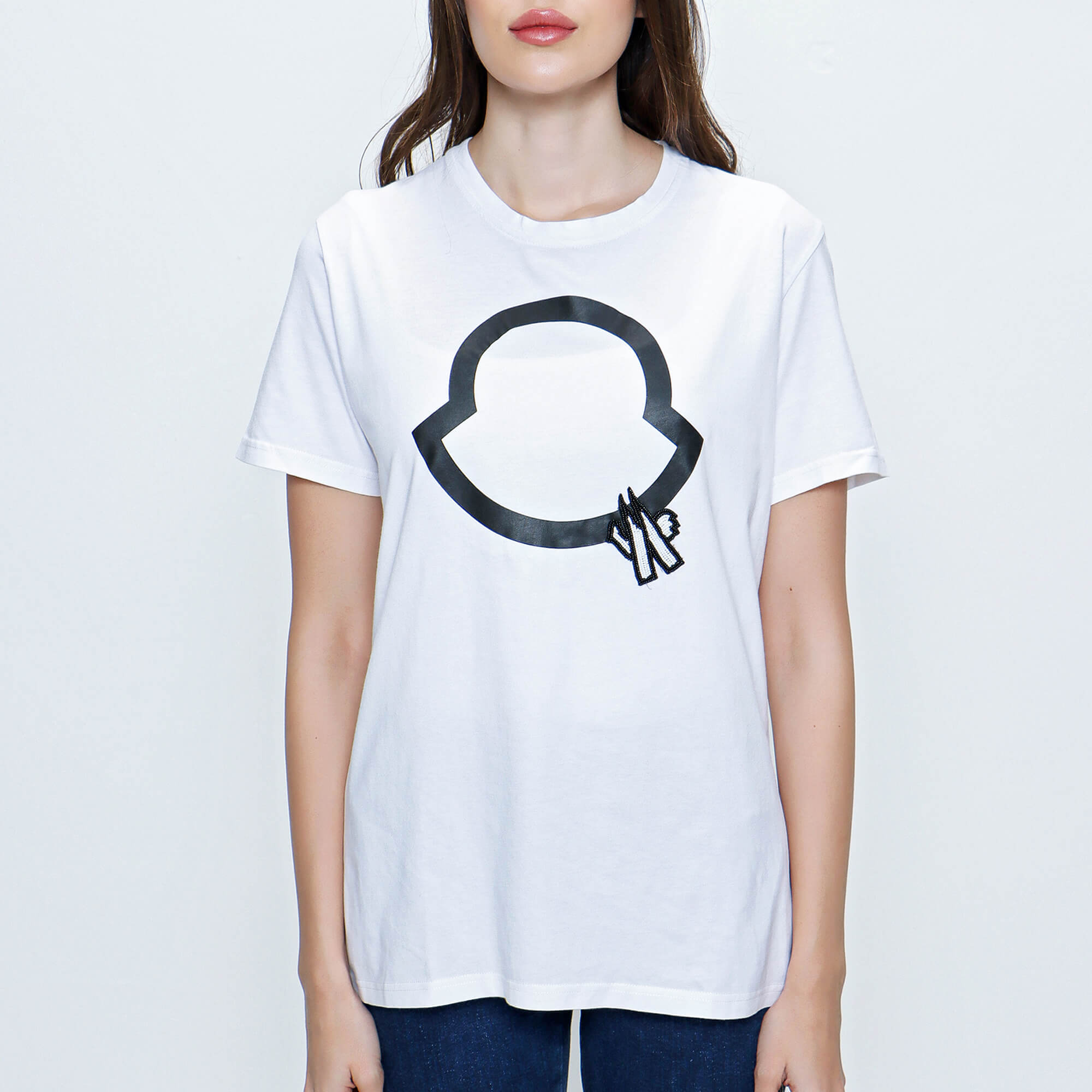 Moncler - White Cotton Black Logo Print And Beads T shirt 